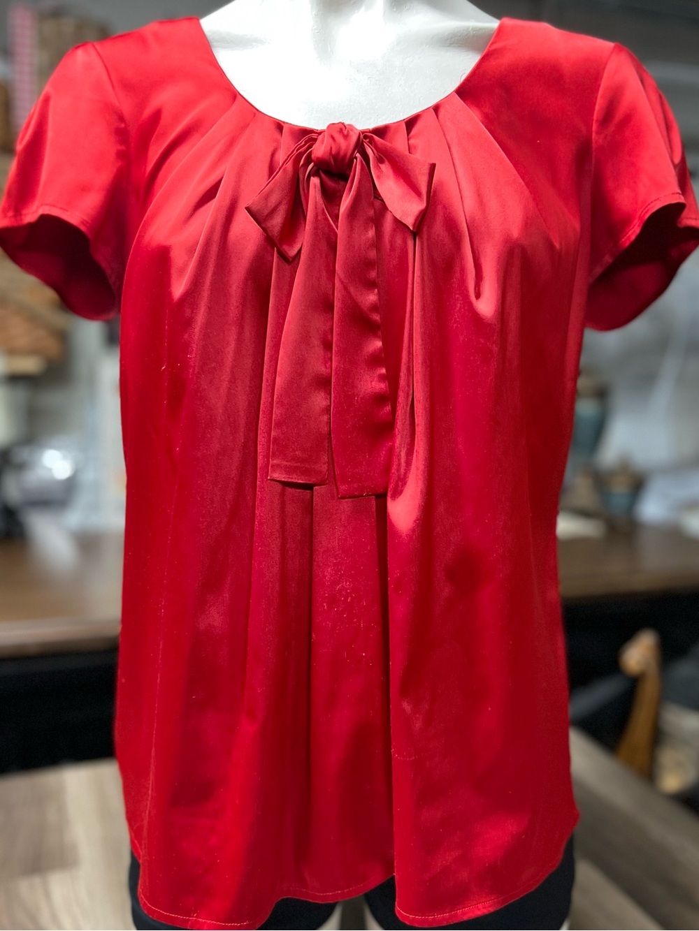 Express Red Satin Tie-Neck Cap Sleeve Blouse